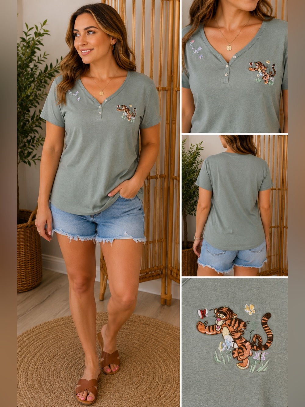 Disney Store Vintage Tigger Embroidered Sage Green Henley Tee Size Large